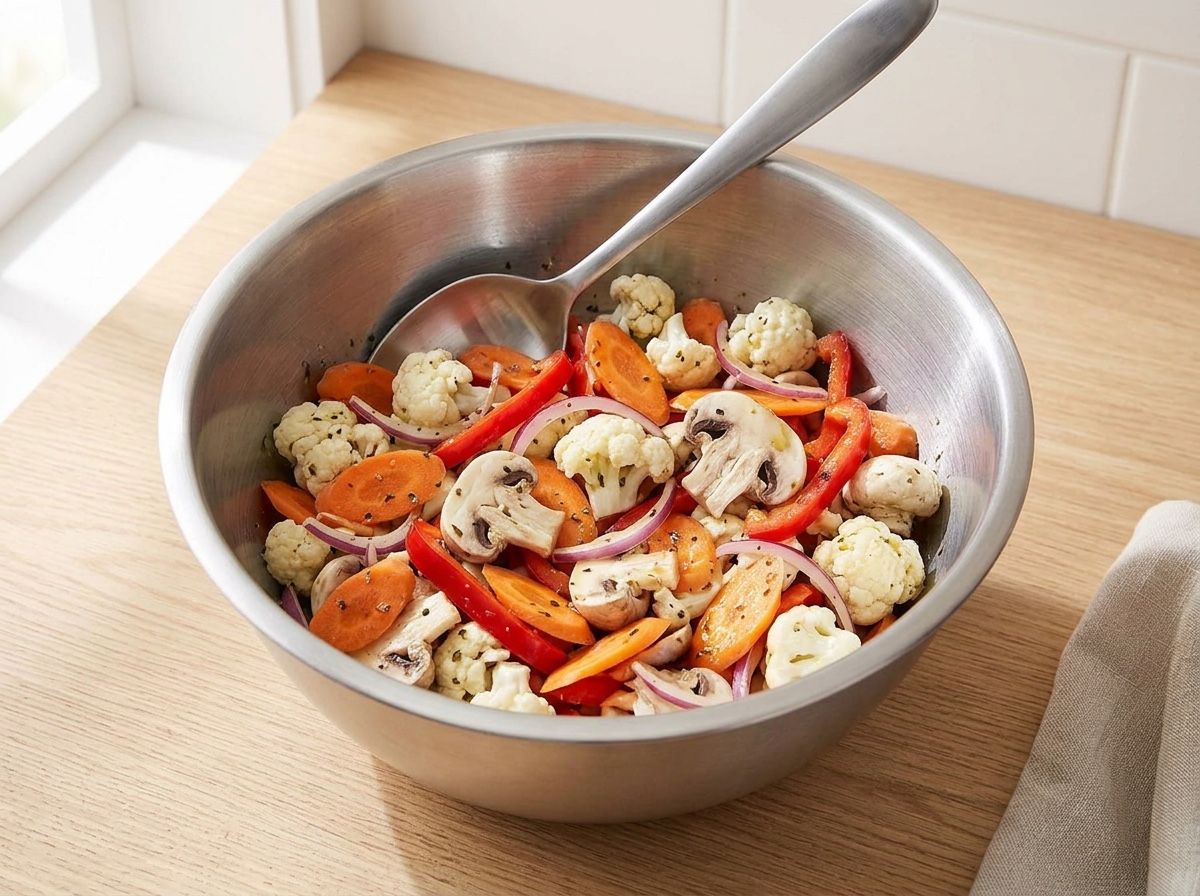 Raw cauliflower, carrots, mushrooms, red pepper and onion tossed in the vinaigrette, lightly glossed