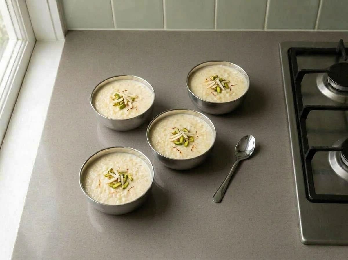 Kheer served in small steel bowls, topped with slivered almonds and chopped pistachios
