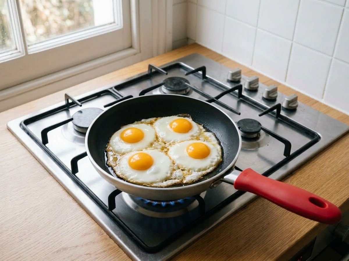 Four eggs frying sunny side up in a non-stick skillet, the whites set and the yolks still runny.