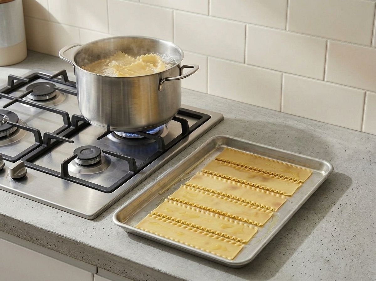 Lasagna noodles boiling in a pot and laid out separated on an oiled tray so they do not stick together