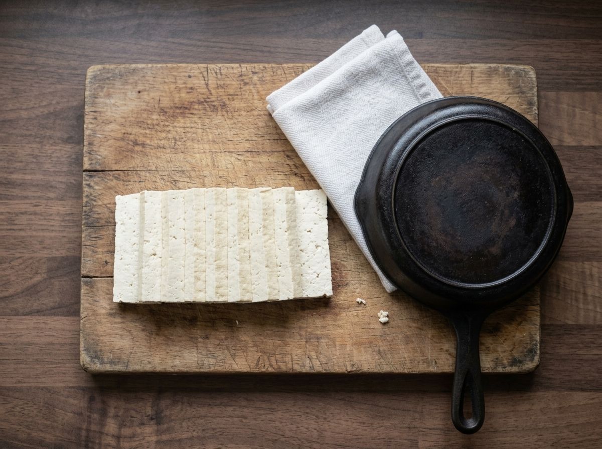 A block of extra-firm tofu pressed and cut into eight flat slabs, beside the towel and heavy pan used to press it.