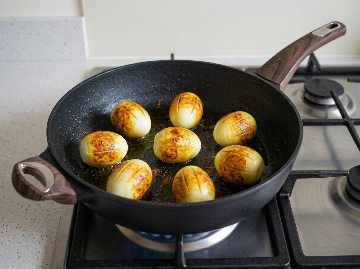 Scored eggs dusted in turmeric and chile frying in a black pan until their skins blister and turn patchy gold.