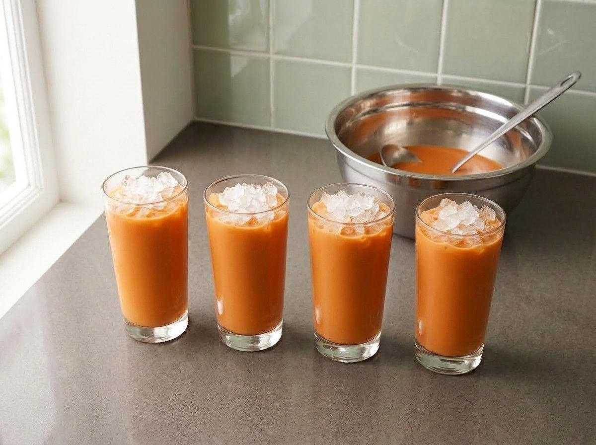 Four glasses of creamy orange Thai tea poured over crushed ice