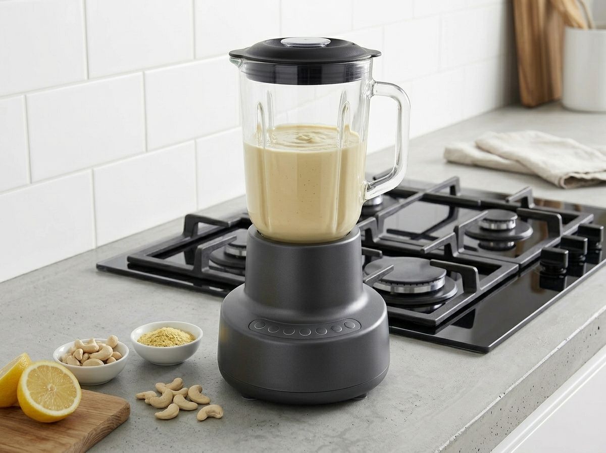 A blender jug of smooth pale beige cashew and nutritional yeast sauce beside bowls of yeast flakes and soaked cashews