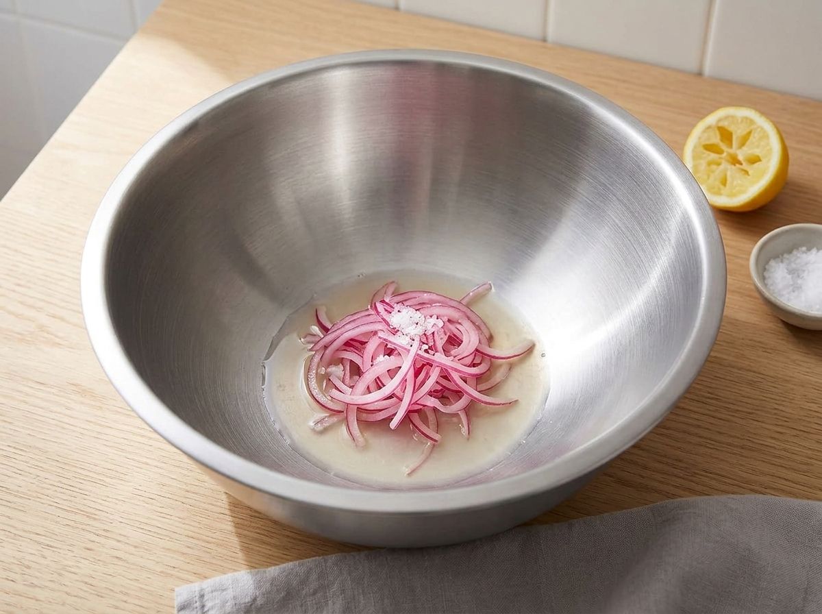 Thinly sliced red onion turning pink as it macerates in lemon juice and salt in the bottom of a large steel bowl