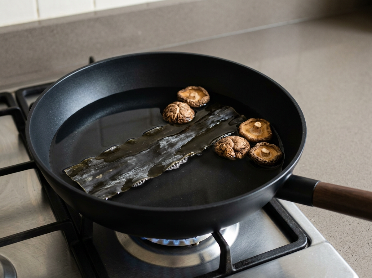 Dried kelp and whole dried shiitake steeping in a pan of water, the first bubbles breaking at the edge.