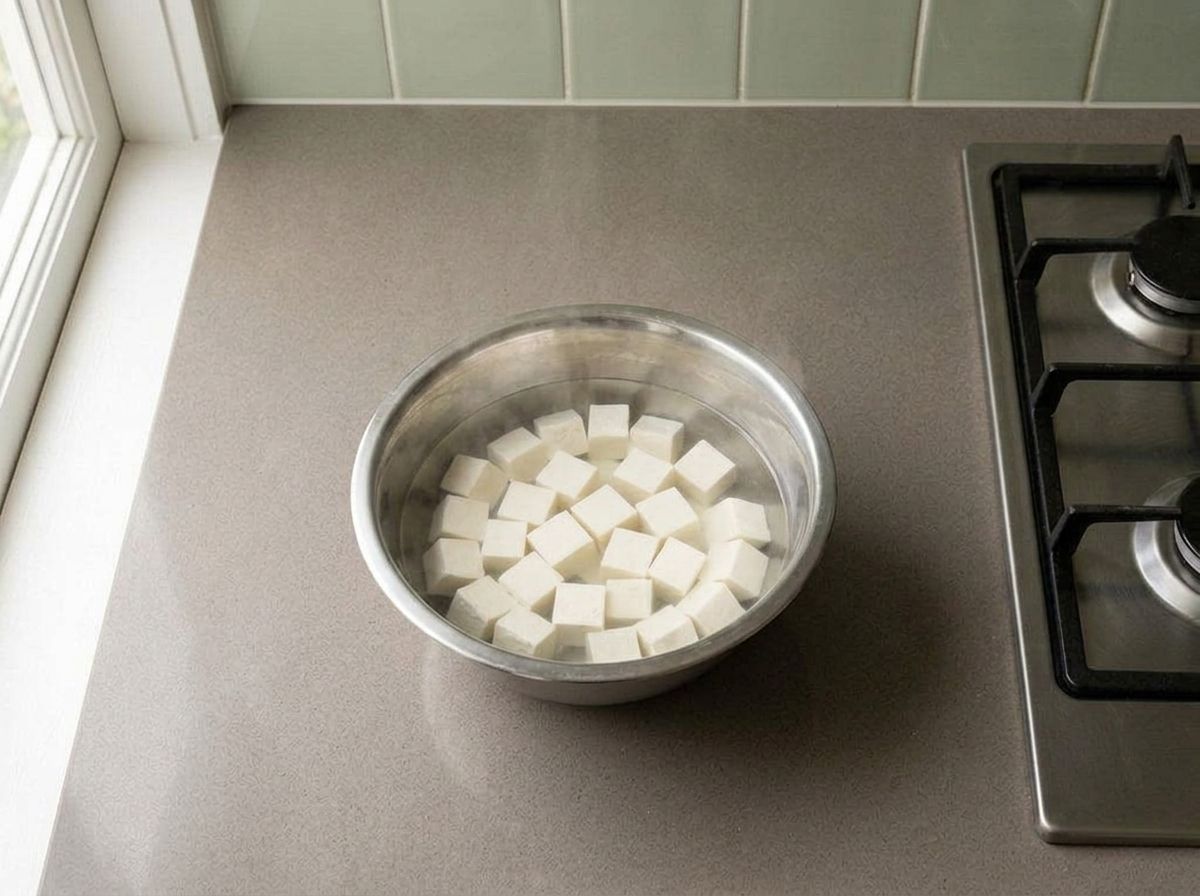 Paneer cubes soaking in a bowl of hot salted water