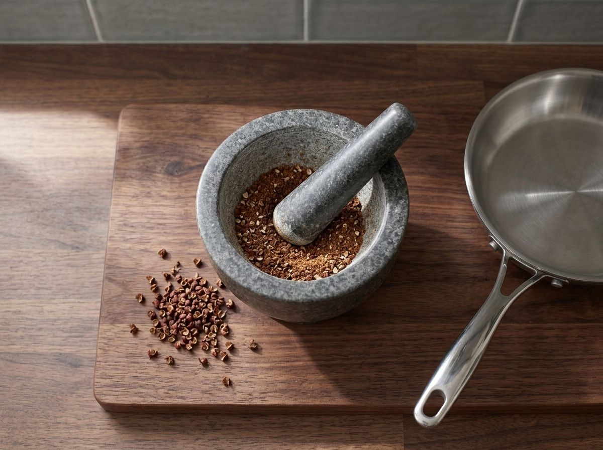 Toasted Sichuan peppercorns ground to a coarse reddish-brown powder in a stone mortar, with whole peppercorns scattered beside it.