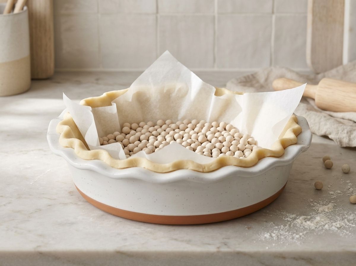 A raw pastry shell in a pie dish, lined with parchment and filled with ceramic weights ready to blind bake.