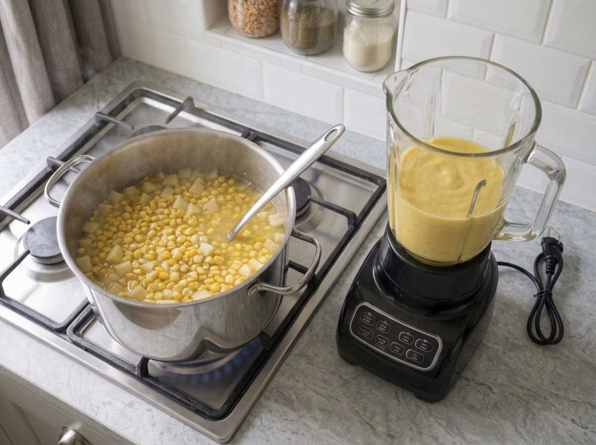 A blender jug of smooth pale yellow corn puree beside the pot of chunky corn and potato it was ladled from