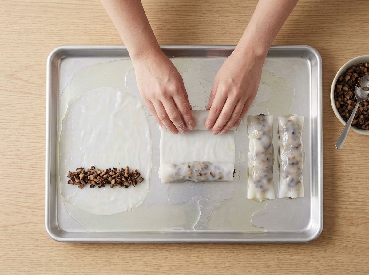 A flat rice sheet with a line of mushroom filling across it, a second sheet being rolled by hand, and two finished rolls on the oiled tray