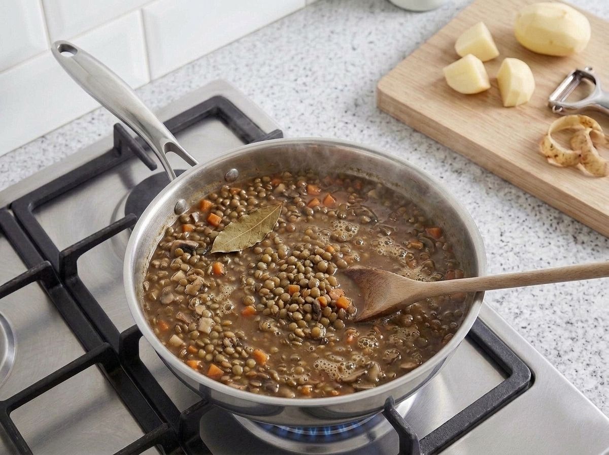 Lentils simmering with the mushrooms and vegetables in brown broth, a bay leaf floating on the surface