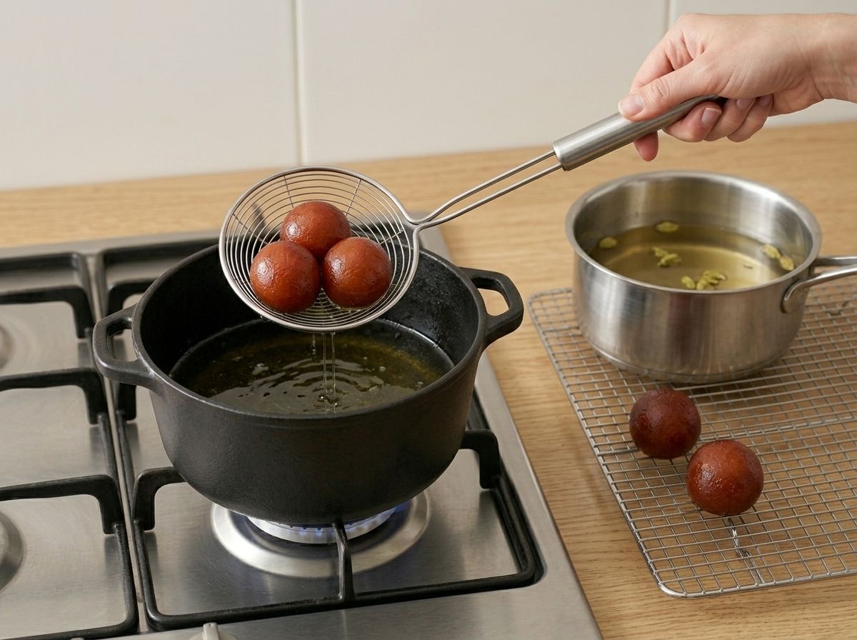 Fried jamuns being lifted from the fat with a spider skimmer, draining on a wire rack beside the pan of warm syrup
