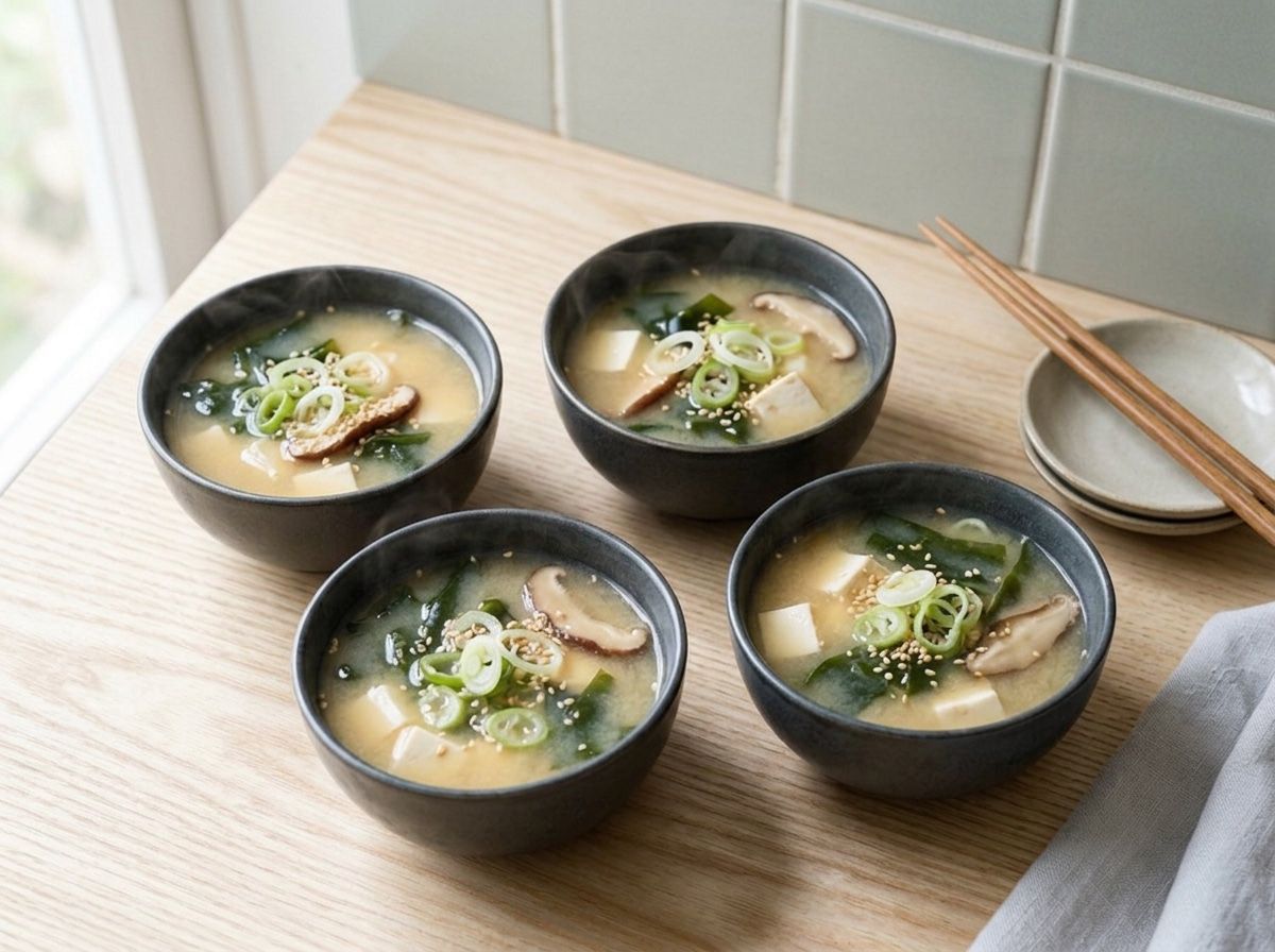 Four bowls of finished miso soup, cloudy and pale gold, topped with green onion rings and sesame seeds