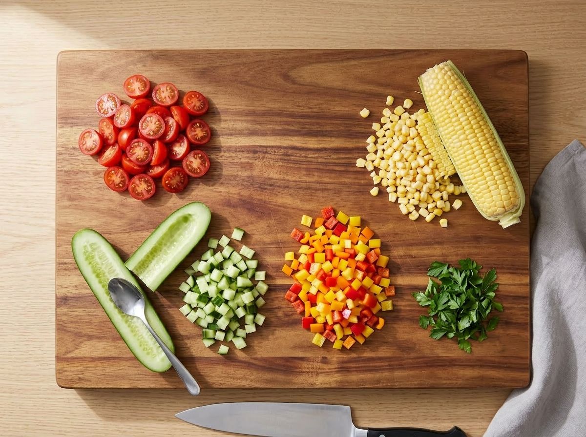 Halved cherry tomatoes, seeded and diced cucumber, diced mixed bell peppers, raw corn kernels cut from the cob and chopped parsley on a chopping board