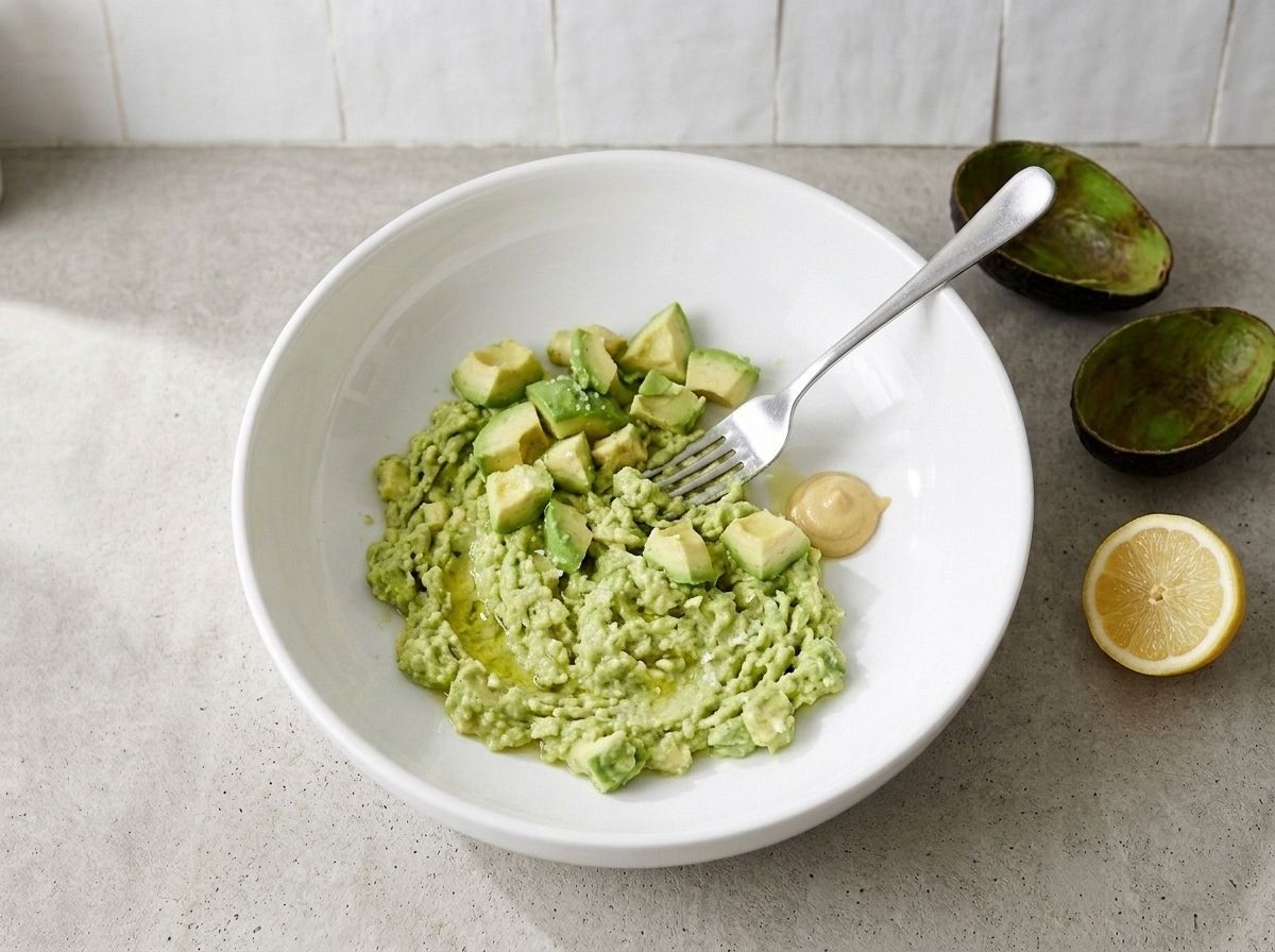 Half the avocado pressed to a coarse green paste with a fork, the other half left in rough chunks on top