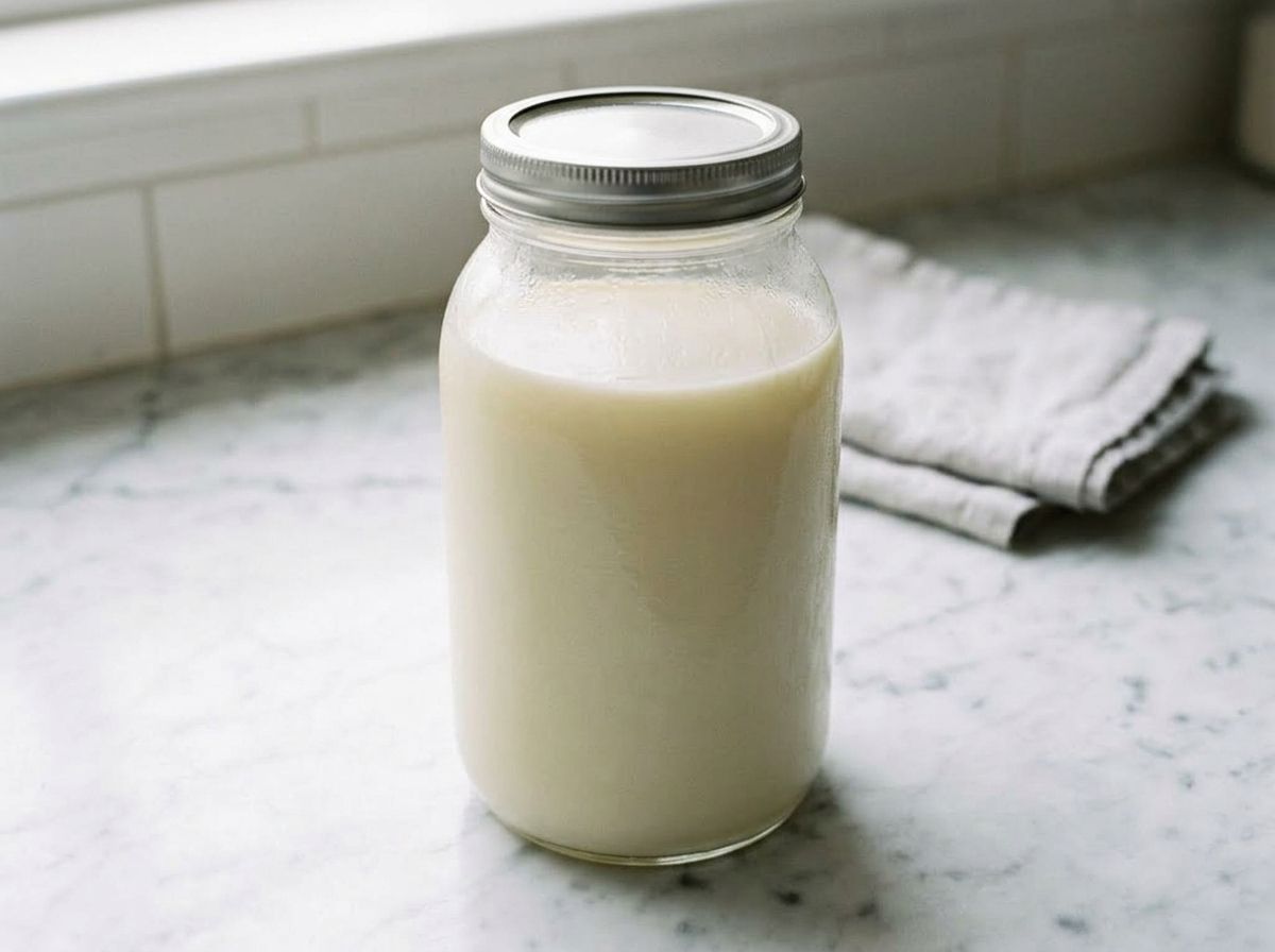 A sealed jar of vegan eggnog, chilled and thickened, misted with condensation
