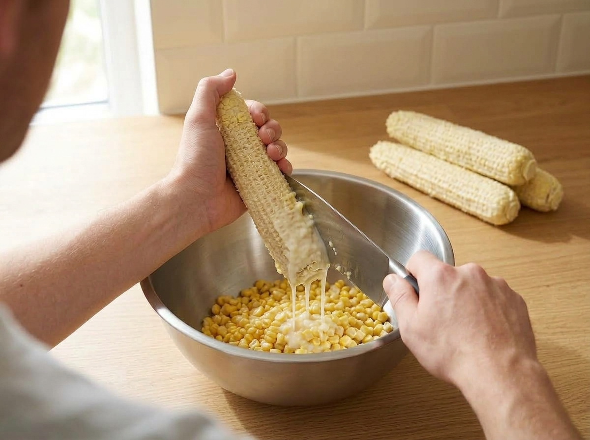 Left hand holding a stripped corn cob over a bowl of kernels while the right hand scrapes the back of a knife down it, squeezing out thick, milky corn milk.