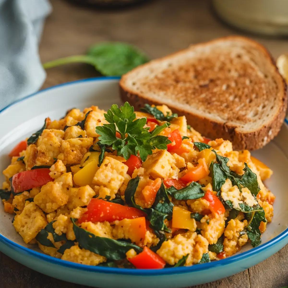 Colorful tofu scramble with bell peppers, spinach, and fresh parsley garnish.