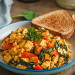 Colorful tofu scramble with bell peppers, spinach, and fresh parsley garnish.