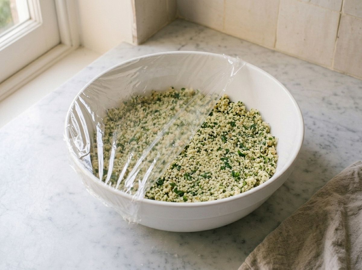 The ground falafel mixture pressed level in a large bowl, half covered with plastic wrap before chilling