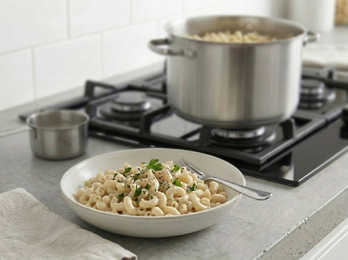 A bowl of finished vegan mac and cheese, the elbows glossily coated in pale beige sauce and scattered with parsley
