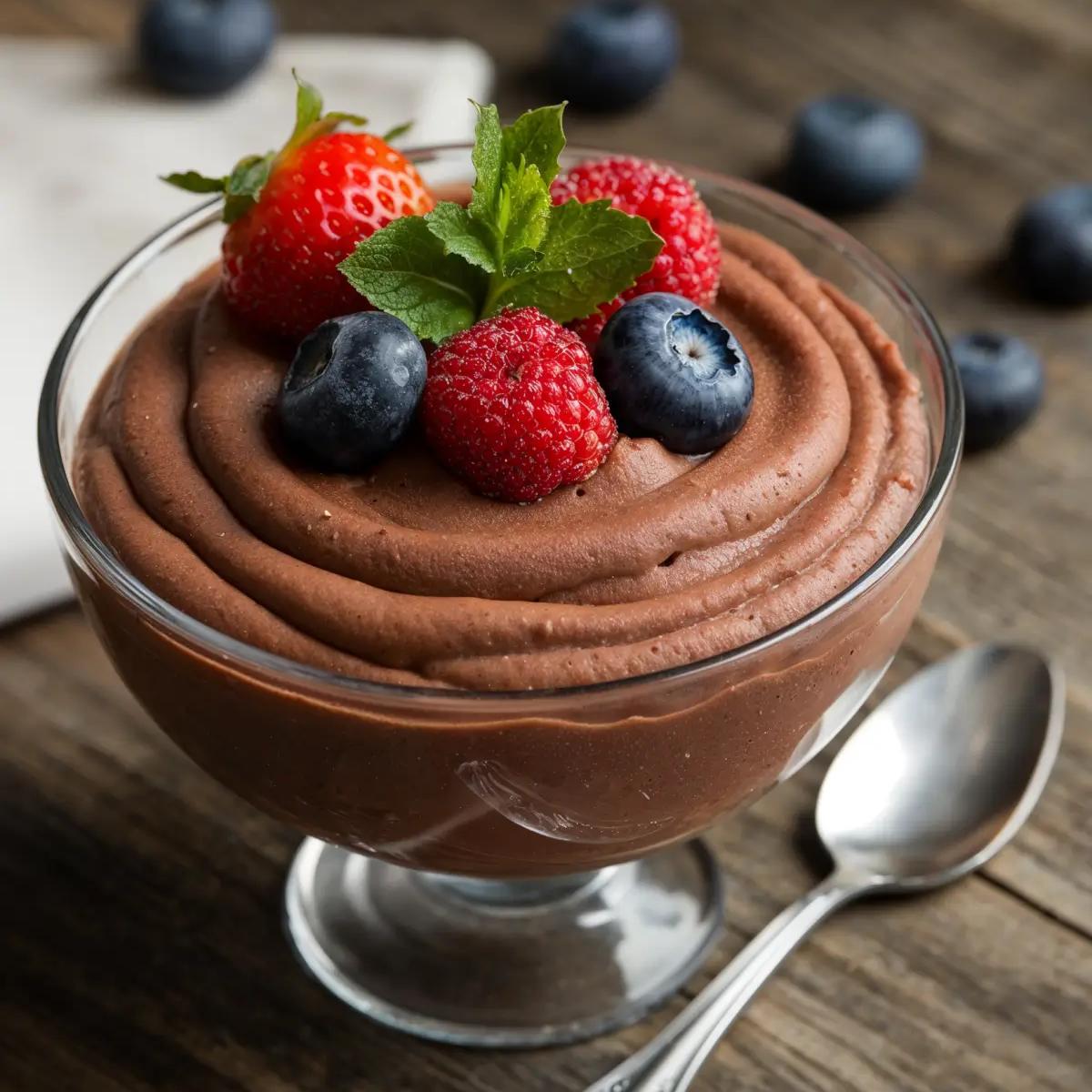 Creamy vegan chocolate mousse garnished with fresh berries and mint leaves.