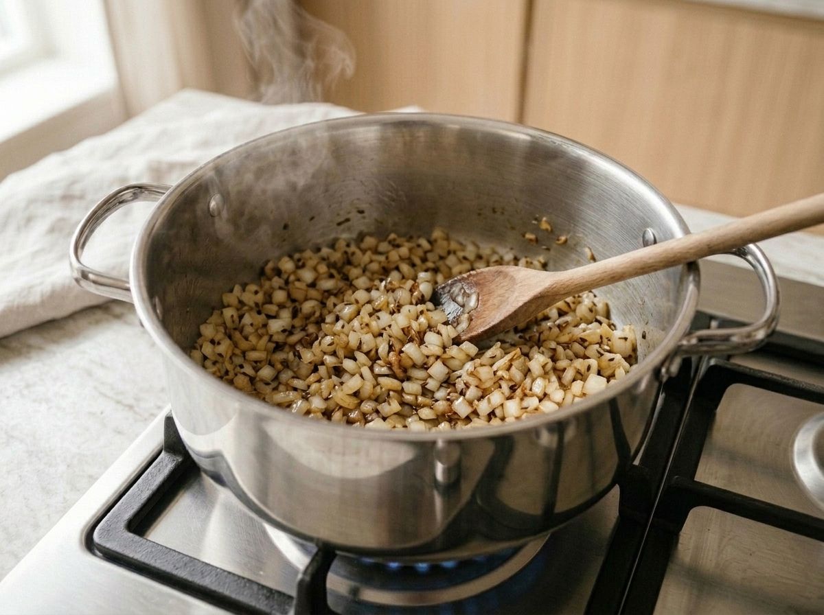 Finely chopped onions cooking down to golden brown in the pot with the popped seeds