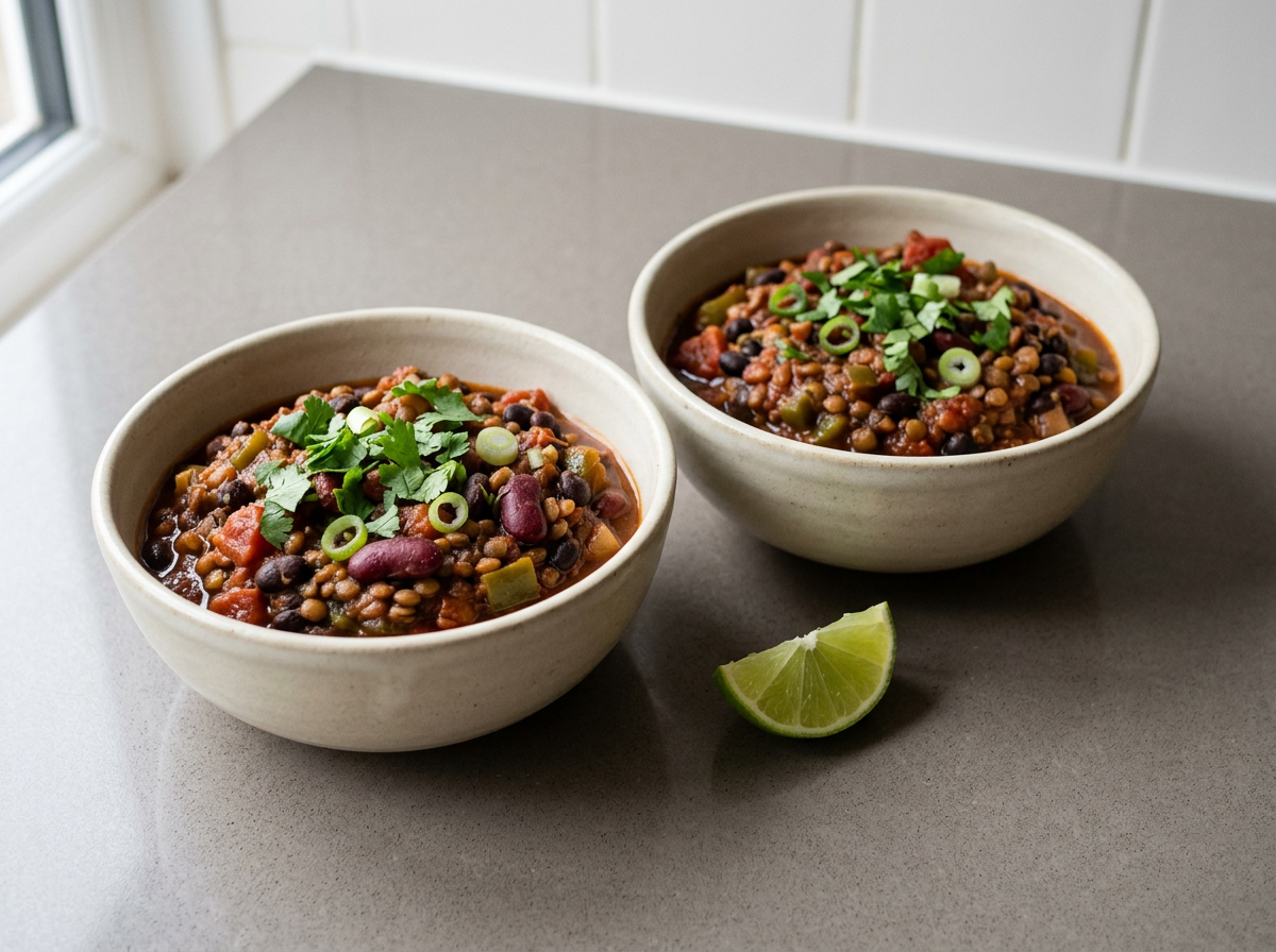 Two bowls of vegan chili topped with chopped cilantro and sliced green onions