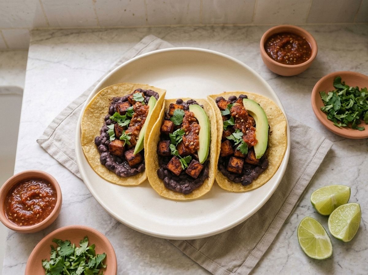 Three assembled tacos on a plate, black beans spread first, then roasted sweet potato, salsa, cilantro and avocado