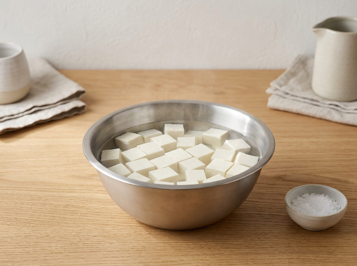 Cubes of paneer soaking in hot salted water in a steel mixing bowl, steam rising from the surface.