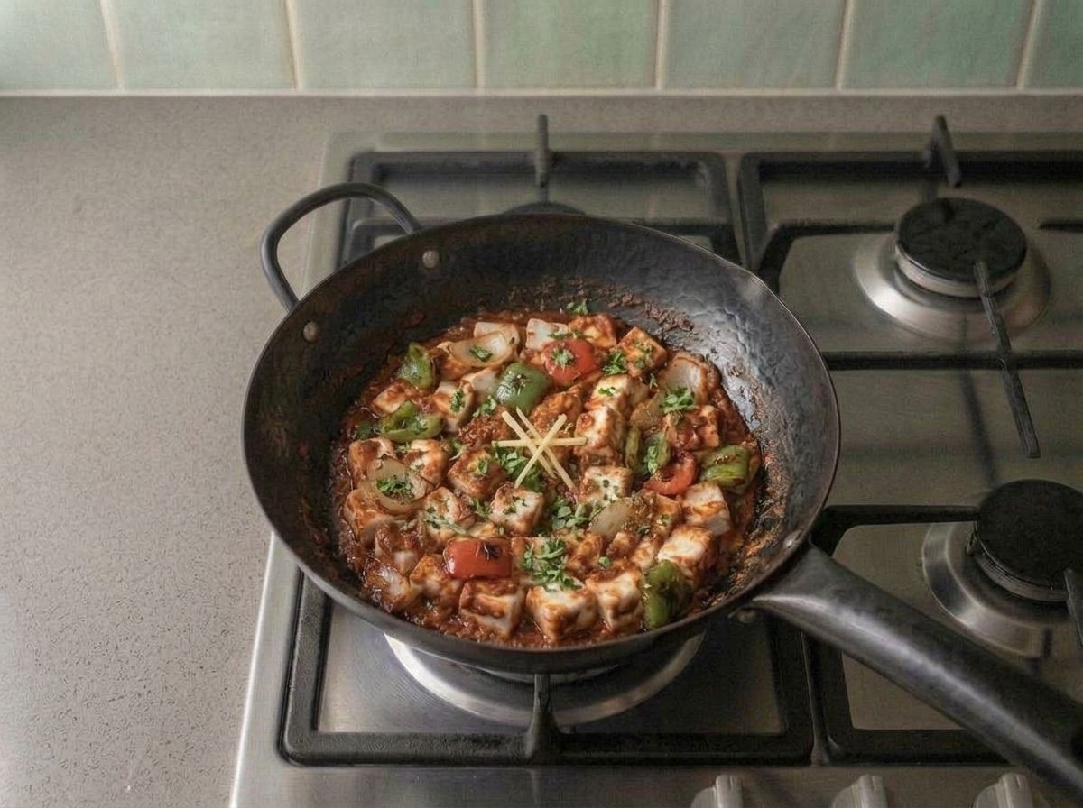Finished kadai paneer in the wok, topped with cilantro and ginger strips