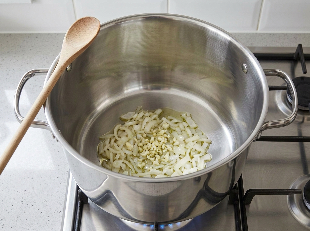 Minced garlic tipped onto the softened onion in the pot, still pale and untoasted