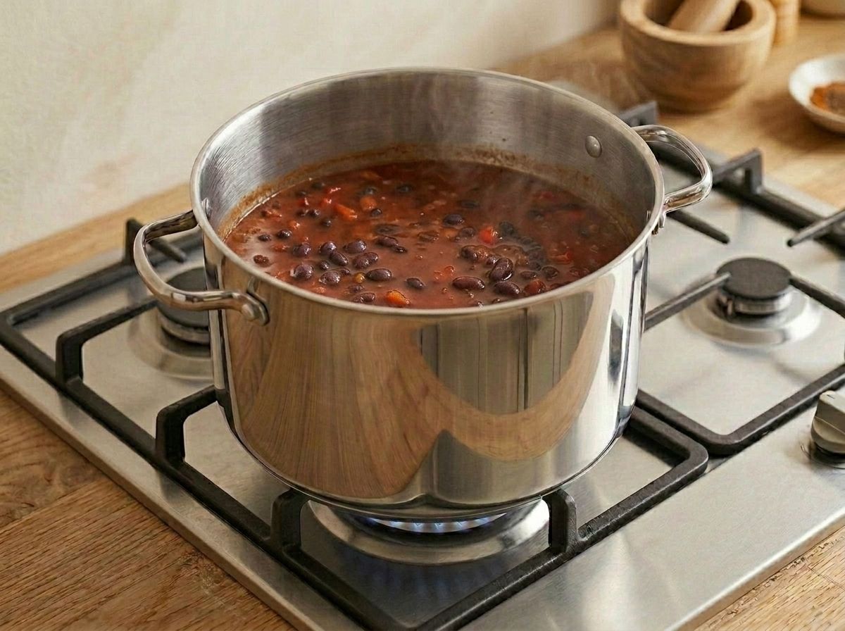 Black beans simmering uncovered in the deep red chile broth