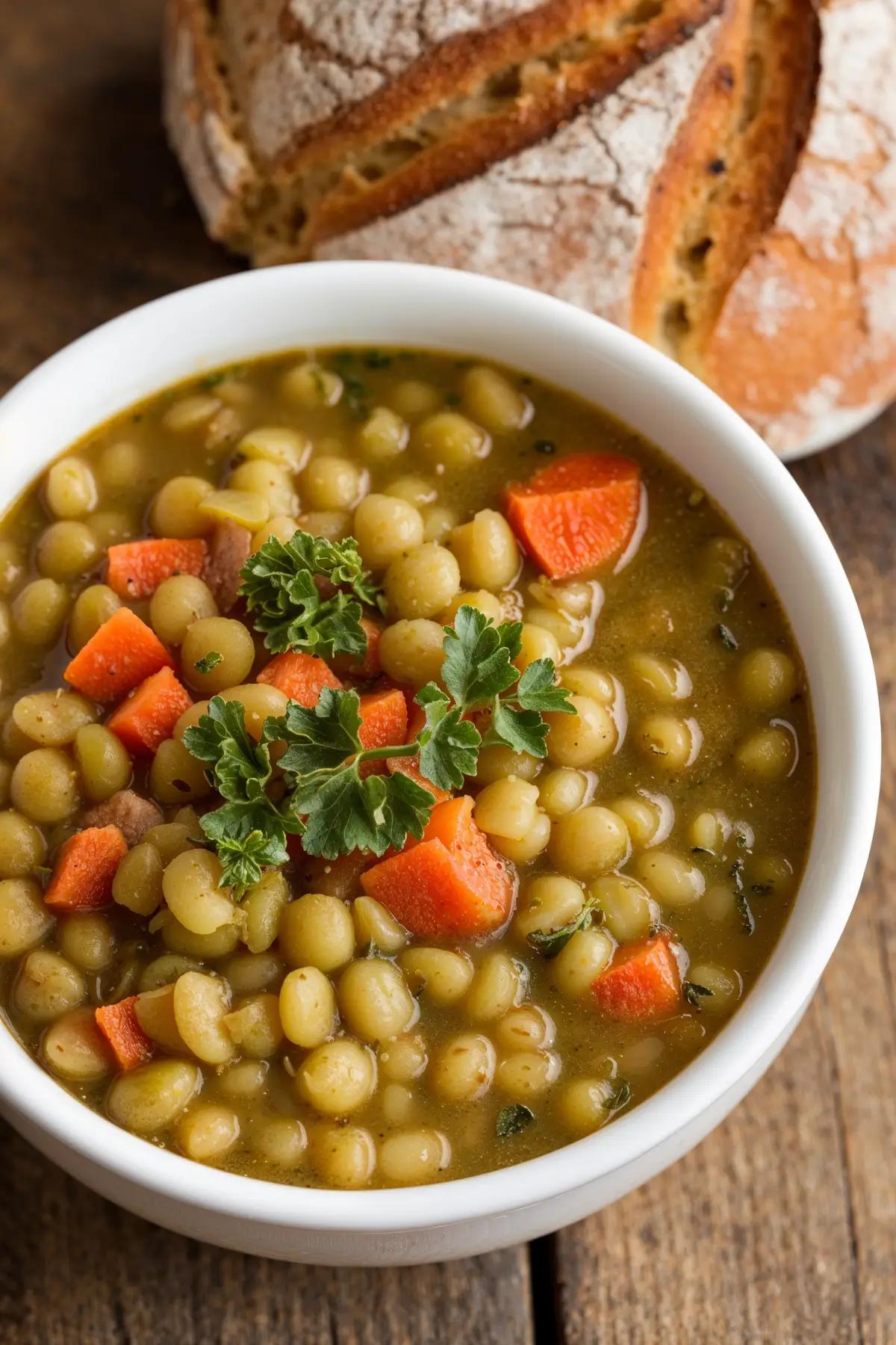 A bowl of meatless split pea soup with green peas, carrots, and celery, garnished with parsley, served with bread on a wooden table.