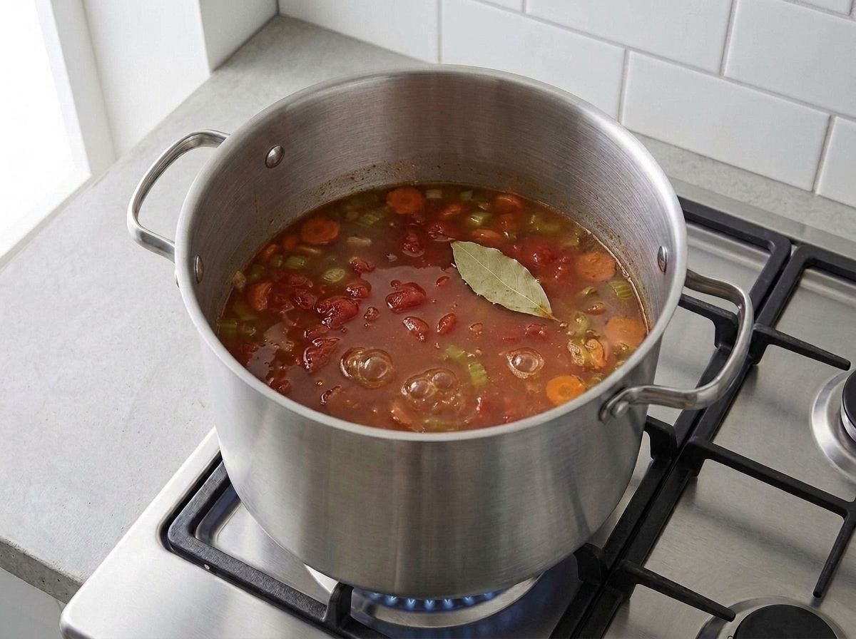 The soup at an uncovered simmer, carrots and celery getting a head start before the cabbage