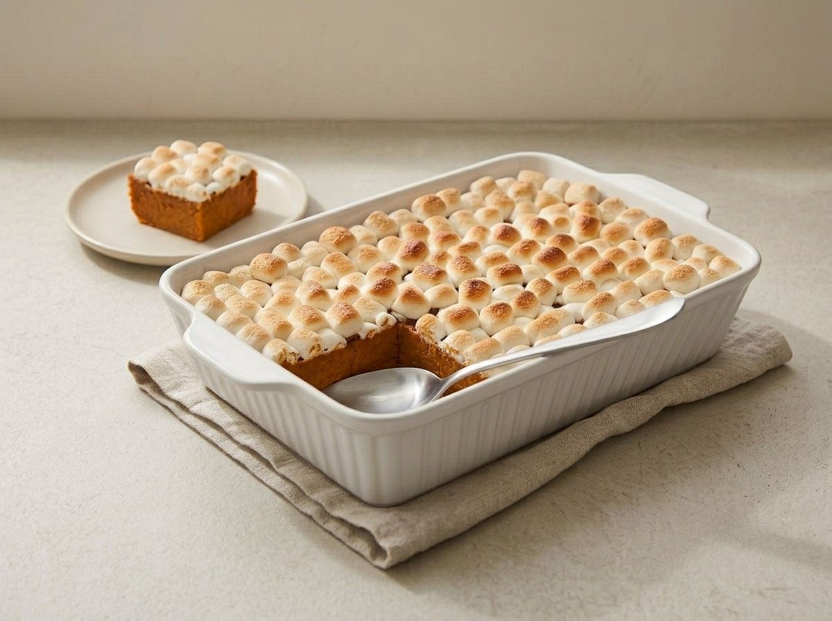 A square of rested casserole lifted out onto a plate, holding its shape with the marshmallow crust intact