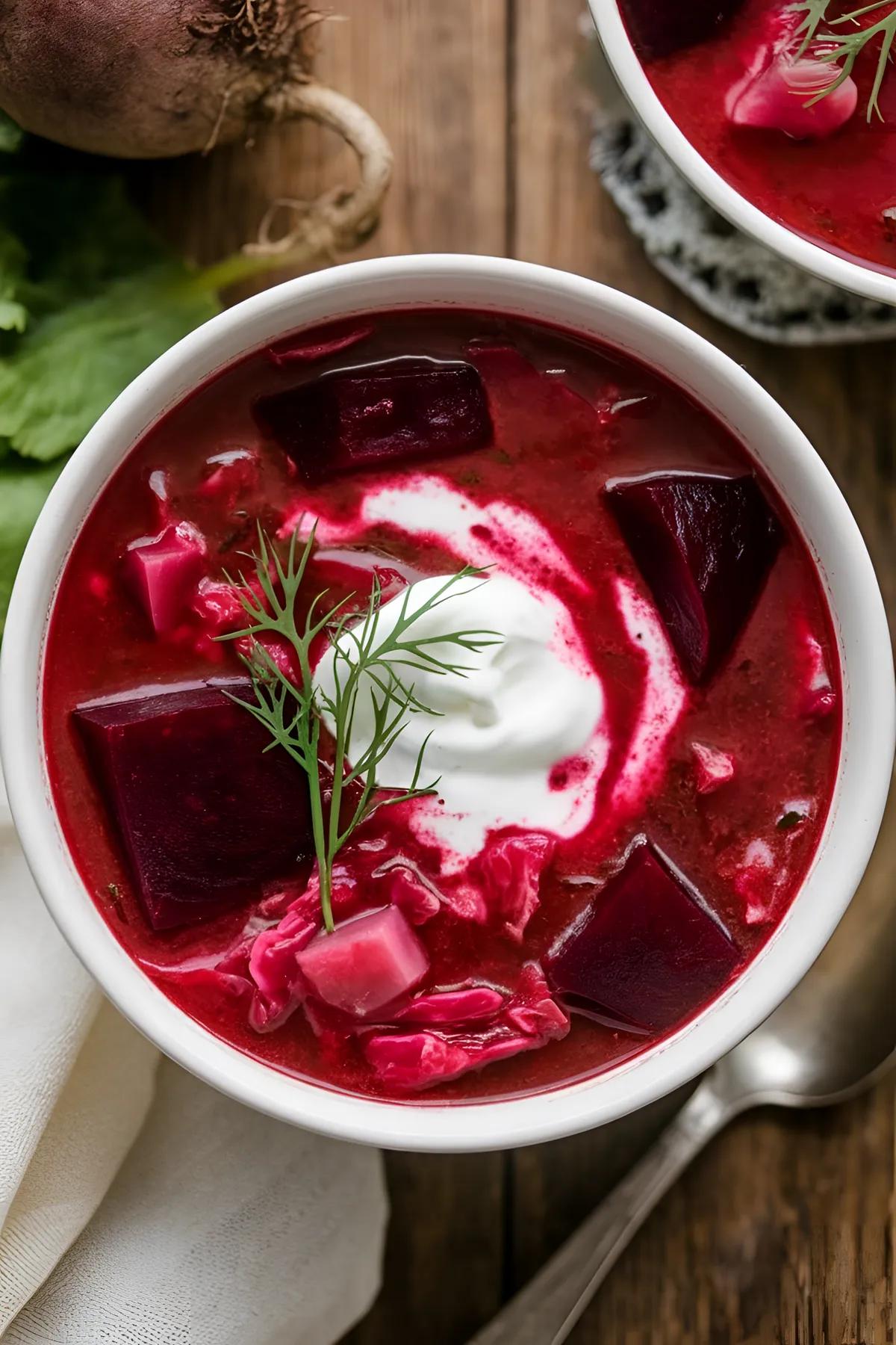 A bowl of vegetarian borscht soup with beets, potatoes, and cabbage, garnished with sour cream and dill on a rustic table.