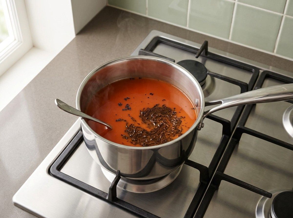 Thai tea mix steeping off the heat, the tea turned a deep red-orange with fine leaves floating