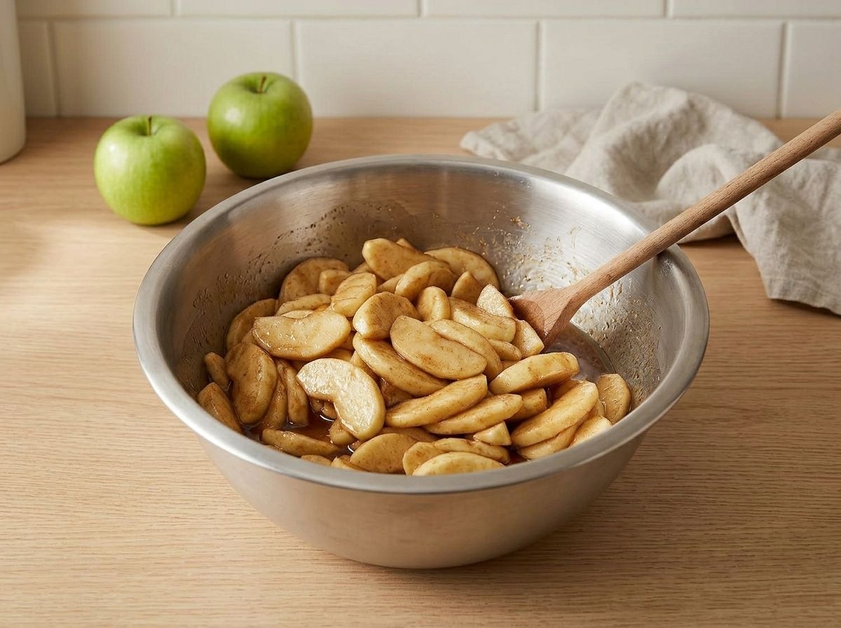 Peeled apple slices macerating in brown sugar and cinnamon, with juice already pooling in the bottom of the bowl