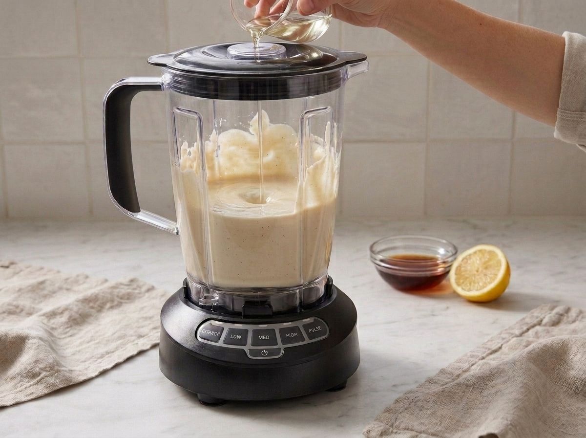 Melted coconut oil poured in a thin stream through the blender lid into the turning cream