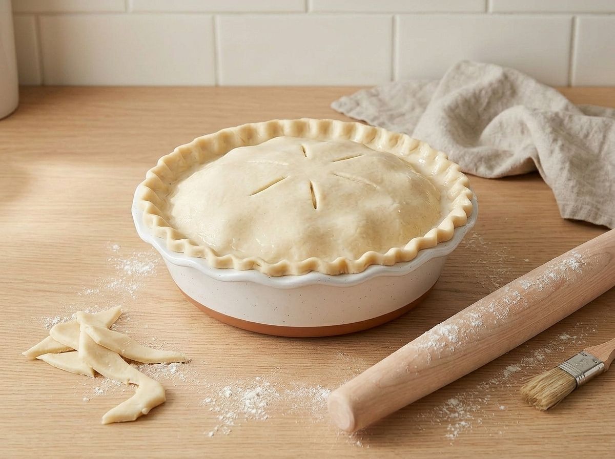 The assembled raw pie with its solid top crust sealed, crimped and cut with vents, ready for the oven