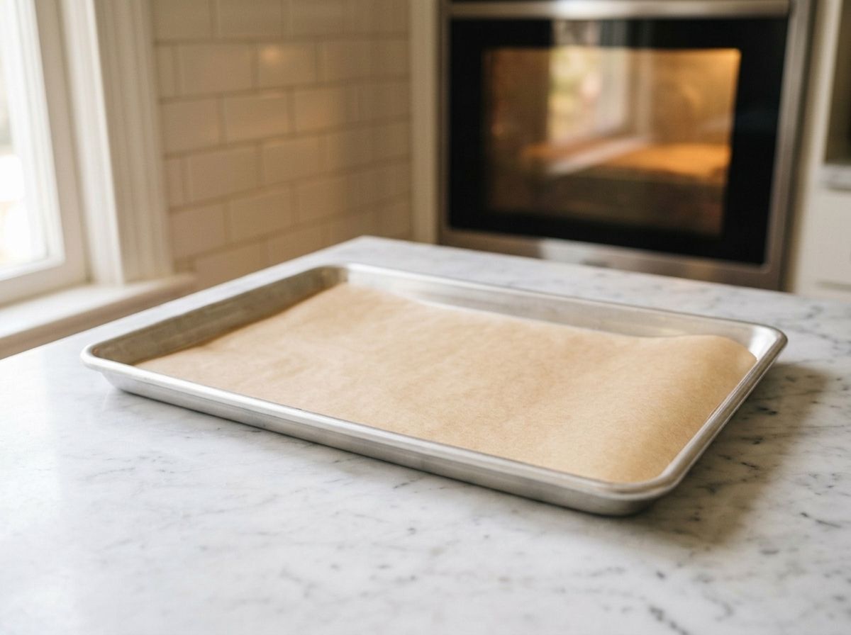 An aluminum baking sheet lined with parchment paper, the oven preheating behind it