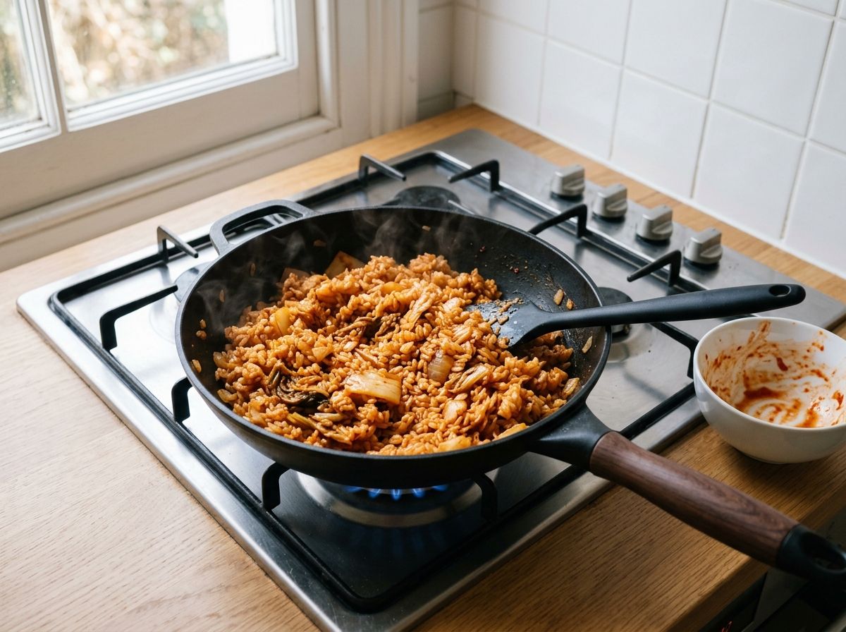Cold rice and the red sauce tossed through the fried kimchi until every grain is coated orange-red.