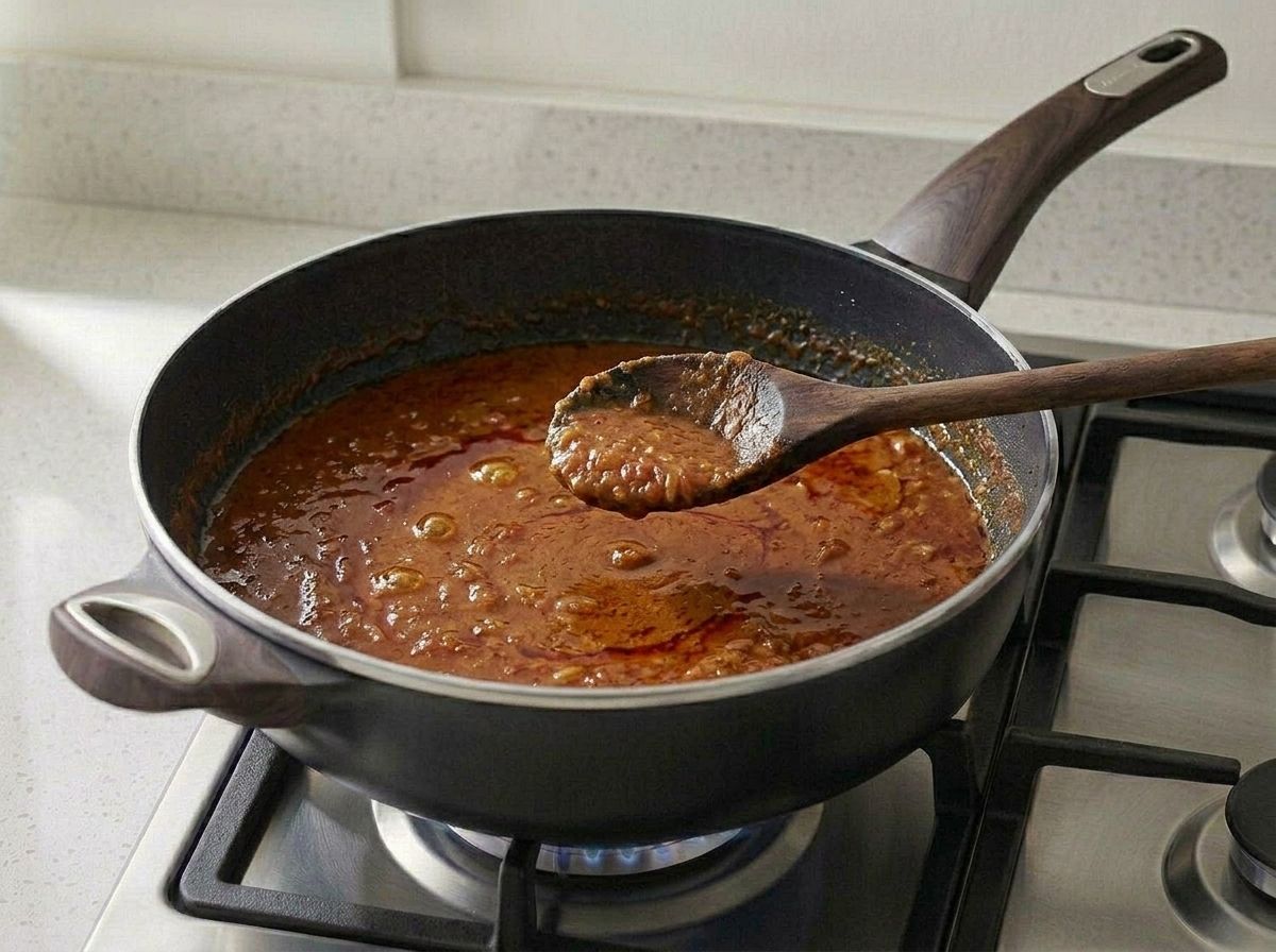 The gravy simmering in the pan, thick enough to coat the back of a wooden spoon lifted from it.