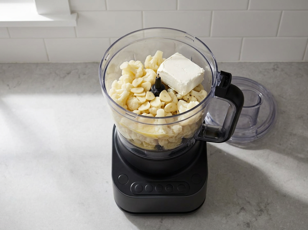 Steamed cauliflower, garlic butter and a block of cream cheese loaded into a food processor