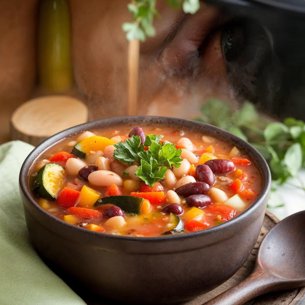 A bowl of bean and vegetable soup with carrots, zucchini, bell peppers, and beans, garnished with parsley, on a rustic kitchen table.