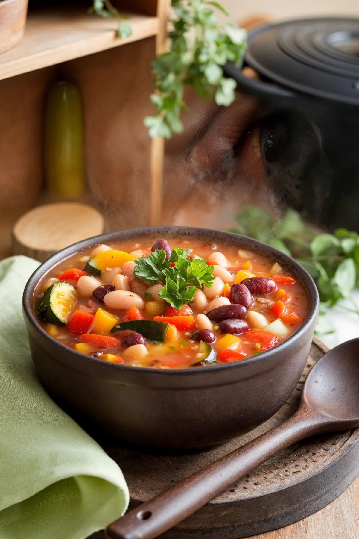 A bowl of bean and vegetable soup with carrots, zucchini, bell peppers, and beans, garnished with parsley, on a rustic kitchen table.
