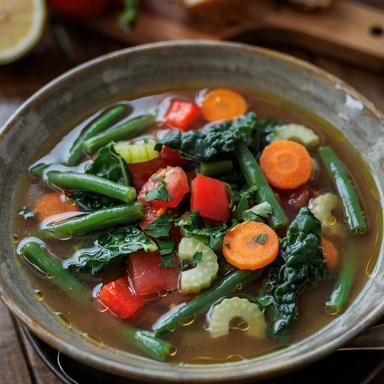 A bowl of brothy vegetable soup with green beans, carrots, red pepper and kale, with crusty bread alongside on a wooden table.