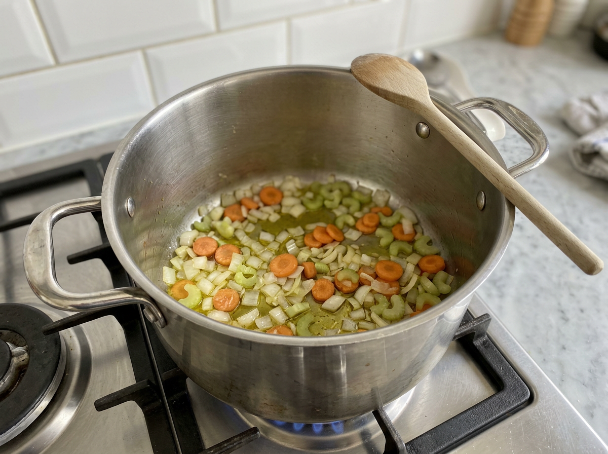 Diced onion, carrot and celery softening in olive oil in the bottom of a large stainless steel pot on the hob.